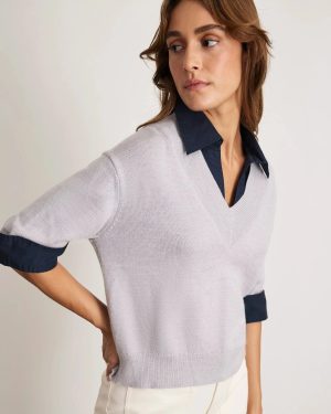 Esme Sweater Top Light Heather Gray/Maritime Blue