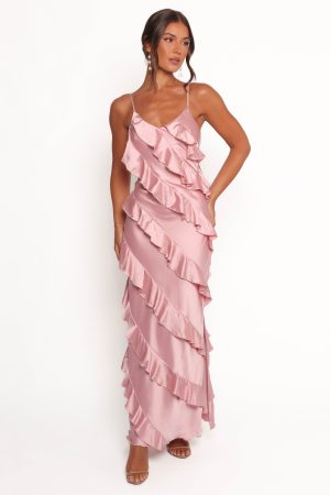 Ciao Ruffles Maxi Satin Dress – Pink