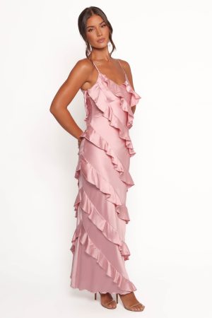Ciao Ruffles Maxi Satin Dress – Pink