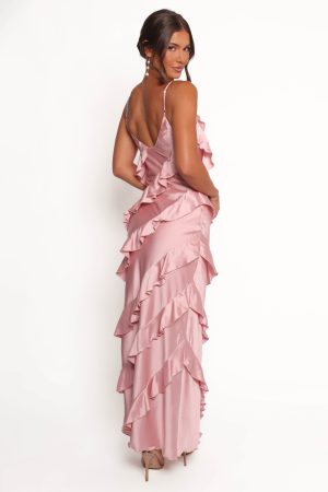 Ciao Ruffles Maxi Satin Dress – Pink