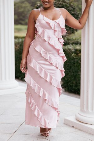 Ciao Ruffles Maxi Satin Dress – Pink
