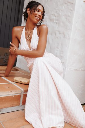 Marie Halterneck Maxi Dress – Pink Stripe