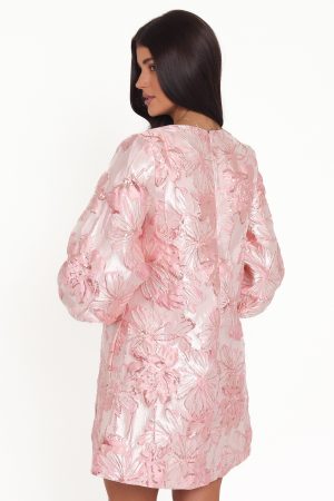 Treloar Long Sleeve Mini Dress – Pink Brocade
