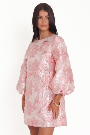 Treloar Long Sleeve Mini Dress – Pink Brocade