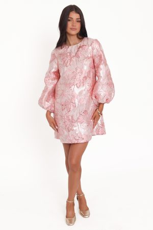 Treloar Long Sleeve Mini Dress – Pink Brocade